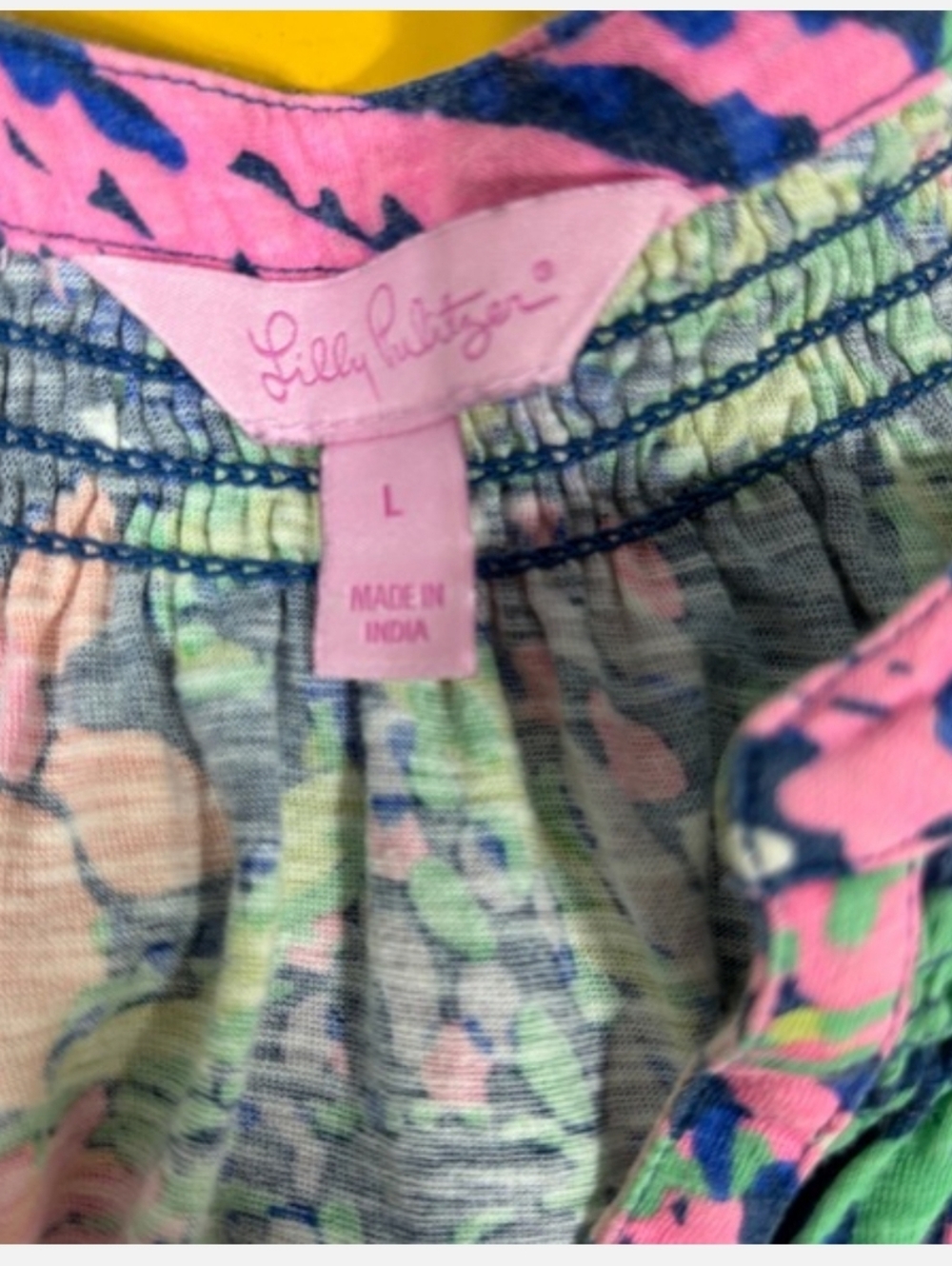 Lilly Pulitzer Gold Button Down V-Neck Blue Pink Green Floral Tank Top Large - Picture 7 of 7